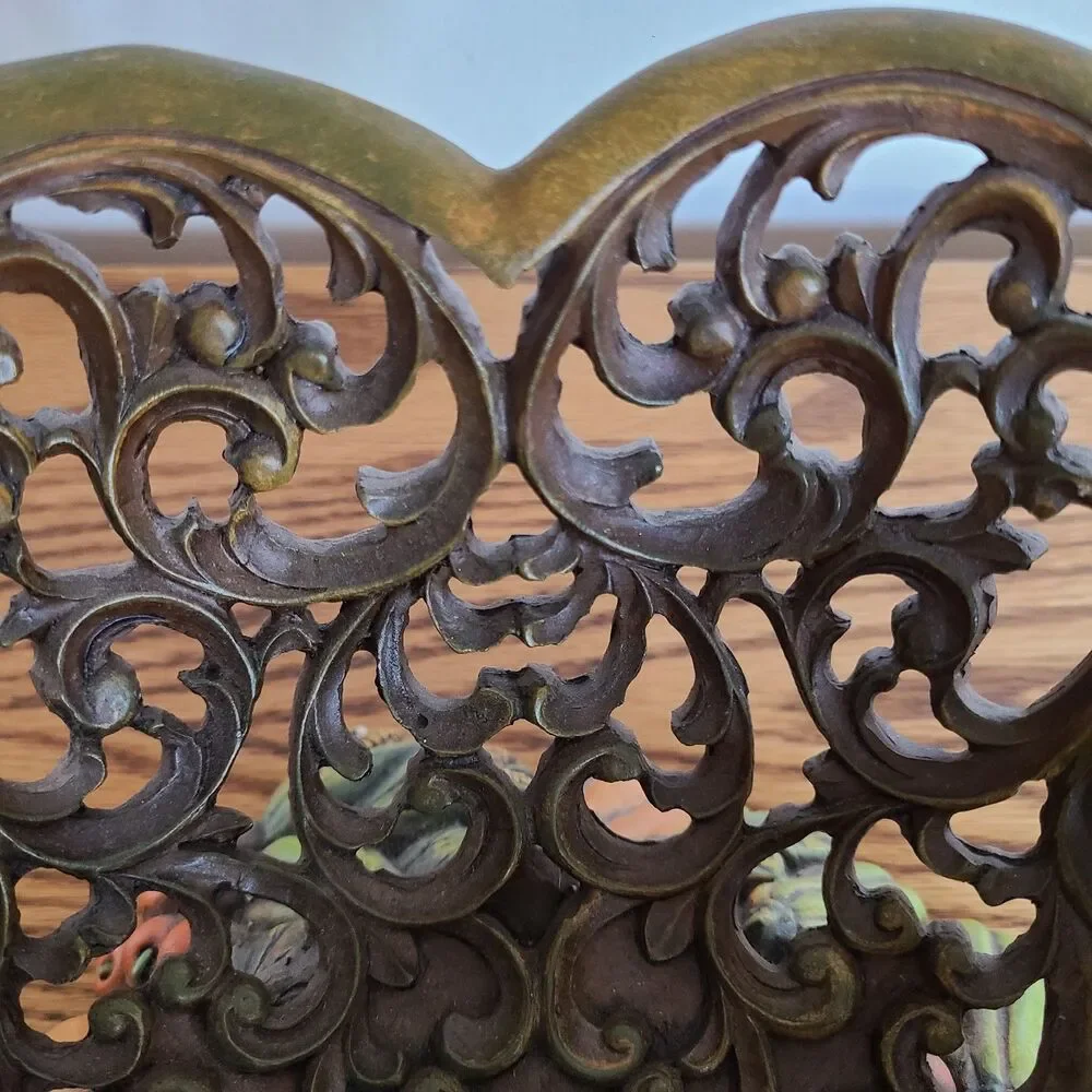 Vintage Thanksgiving Fall Ornate Reticulated Pedestal Bowl Wood-Look Resin